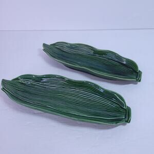 Set of 2 Vintage Cemar 789 California Pottery Green Corn Husk Plate 9.5" x 3"